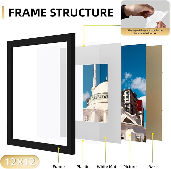 YESKAY 12x12 Picture Frame Set of 9, Photo Gallery Wall Frame Set, Display Pictures 8x8 with Mat or 12 x 12 Without Mat, Square Frame Picture Frames Collage Wall Decor, Black