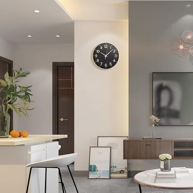HZDHCLH 12 Inch Silent Wall Clock Battery Operated Non Ticking Black Gold | Non Ticking Modern Clock for Wall, 3D Numbers Wall Clock for Kitchen Bedroom Living Room Office Classroom Decor