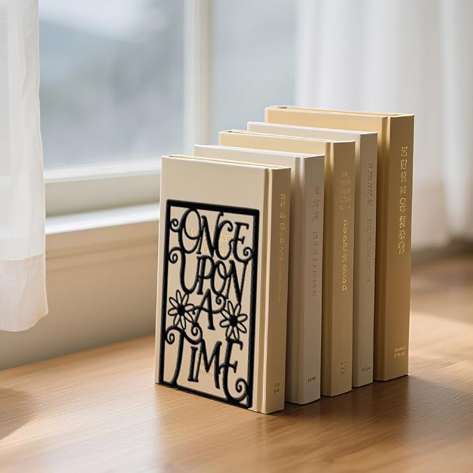 WADORN 1 Pair Once Upon A Time Metal Decorative Bookend for Shelves, Heavy Duty Book Ends Modern Non-Skid Books Holder Stand Black Book Support Stoppers for Desk Bookshelf Office, 5.3x4.3x7.9 Inches