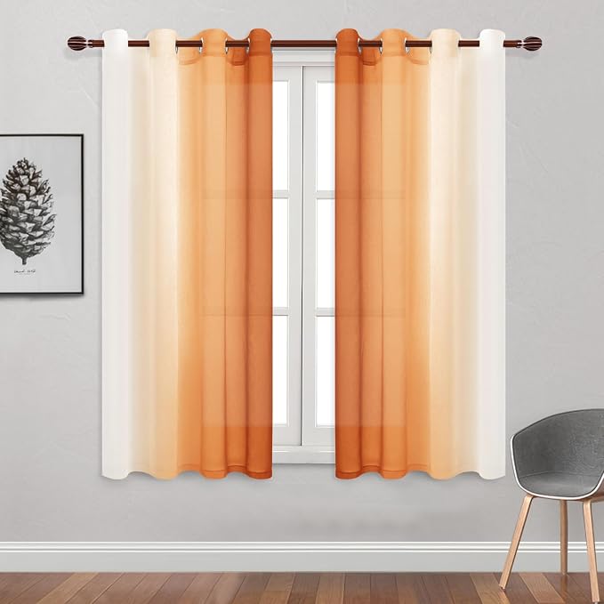 DWCN Autumn Faux Linen Ombre Sheer Curtains - 63 inches Long Gradient Semi Voile Curtains for Bedroom and Living Room, Set of 2 Grommet Top Window Curtain Panels, W52 x L63 Inches, Sunset Orange
