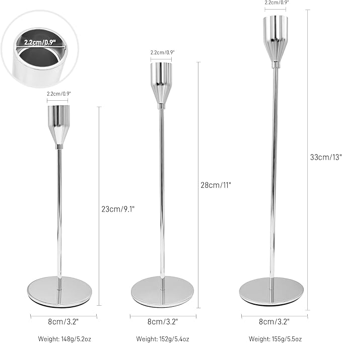 Candlestick Holders, Set of 6 Taper Silver Candle Holder Decor for Date, Festival, Wedding, Party, Dinning or Anniversary, Fit 3/4" Thick Pillar Candles & Led Candles
