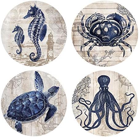 Absorbent Coasters Natural Ceramic Thirsty Stone Navy Blue Octopus Seahorse Crab Turtle Ocean Theme Coaster Set for Drinks Cork Backing (sea Animals)…