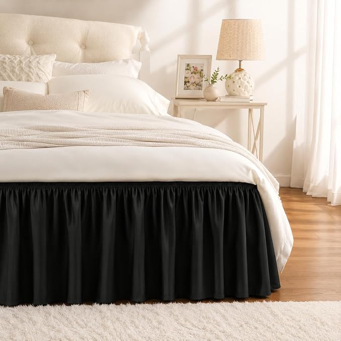 Black Bed Skirt King Size 15 Inch Drop, Elastic Wrap Around Bedskirt | Solid Ruffled, Easy to Use, No Mattress Lifting, Wrinkle & Fade Resistant, with Adhesive Strips, Machine Wash/Dry/Iron
