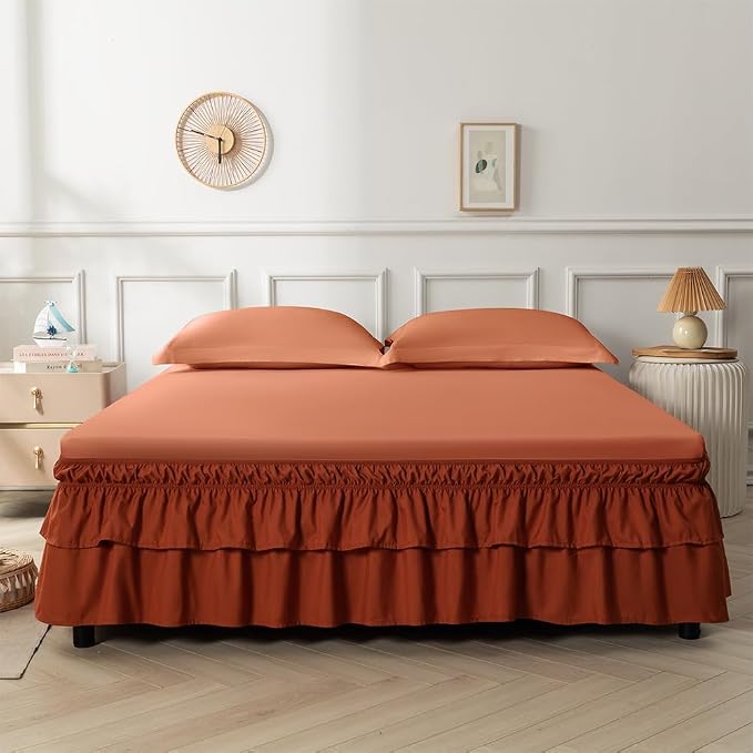 Double-Layered Ruffled Bed Skirt,Orange Red,Twin/Twin XL, 14" Drop | Wrap Around, Adjustable Elastic, 2 Layer, Machine Washable Soft Fabric, Multi Ruffle Bedskirt