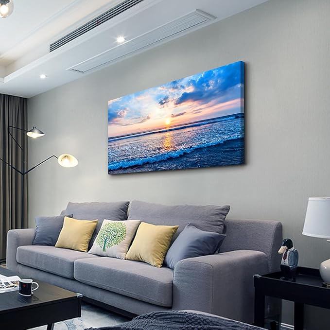 Wapluam Canvas Wall Art For Living Room Office Wall Decor Blue Beach Ocean Sea Waves Landscape Wall Painting Ready To Hang Bedroom Home Decorations Canvas Prints Posters Pictures Wall Mural Artwork