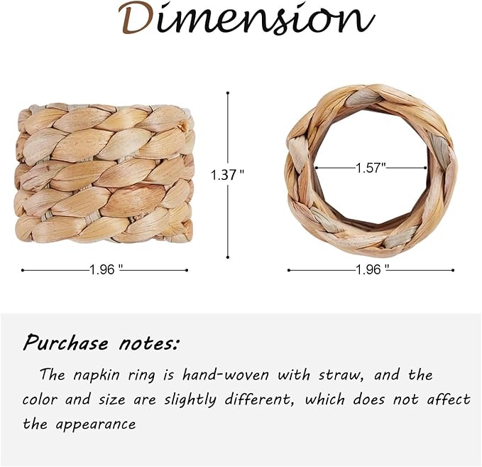 Napkin Rings Set of 12, Farmhouse Table Decor Handmade by Natural Water Hyacinth, Fall Rustic for Thanksgiving, Christmas, Wedding Table Dinnerware Decoration Set