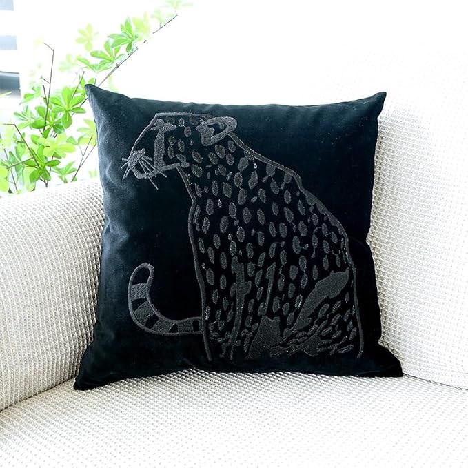 Luxury Embroidery Leopard Throw Pillowcase Gold Embroidered Velvet Cloth Cushion Cover Decorative Leopard Print Cheetah Pillows Case for Preppy Stuff Room 1PCS (Black)