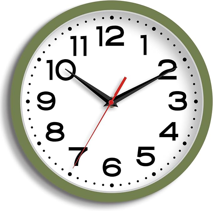 Roymnie 8 Inch Small Wall Clock, Battery Operated Silent Non Ticking Green | analog wall clock; bold numerals for easy reading; silent non-ticking; 1 AA battery (not included); for classroom