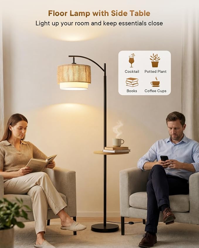 PESRAE Rattan Floor Lamp for Living Room, Farmhouse Arc Standing Lamp