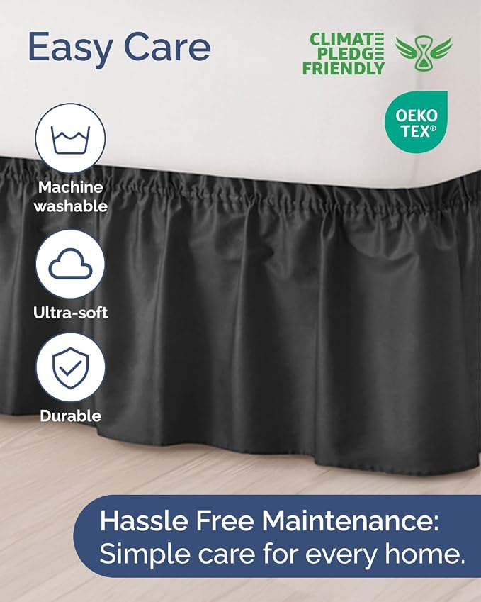 Wrap Around Dust Ruffle Bed Skirt - College Dorm Room - Twin/Twin XL | Black, 18 Inch Drop, Elastic Strap & Adjustable Pleated Bedskirt, Wrinkle & Fade Free, for Women, Men, Students, Kids & Teens