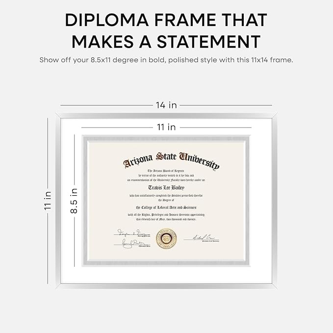 Homeforia 11x14 Silver Diploma Frame, High-End Metal, 8.5x11 Mat, Glass