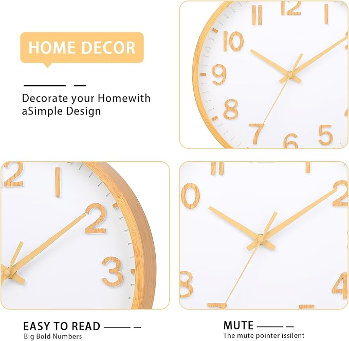 Wall Clocks Battery Operated 8 inch Modern Wall Clock,Silent Non Ticking Wall Clock for Living Room Bedroom Kitchen Office Classroom Decor (Wood Grain Yellow White)