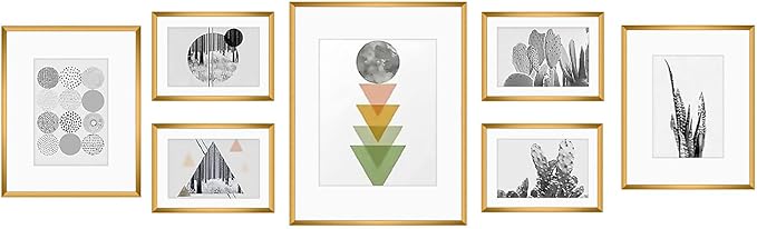 Golden State Art 7 Pack Bronze Aluminum Frame with White Mat, Real Glass | Includes One 11x14, Two 8x10, Four 5x7 Frames with Sawtooth Hangers for Wall Mounting. Great for gallery wall