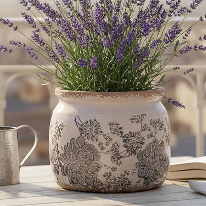 Modern Farmhouse Ceramic Planter & Vase with Drainage for Indoor Plants | 6.29" Vintage Distressed Plant Pot, Rosemary & Succulent Pots, Decorative Pottery Vase, Office Balcony Decor, Gift (Gray)