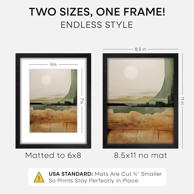 Homeforia 8.5x11 Black Oak Picture Frame, High-End Wood, 6x8 Mat, Glass