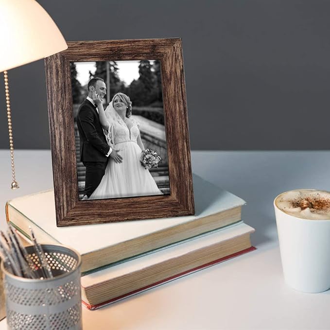 Q.Hou 5x7 Picture Frame Wood Pattern Rustic Brown Photo Frames Packs 4 with High Definition Plexiglass for Tabletop or Wall Decor (QH-PF5X7-BR)