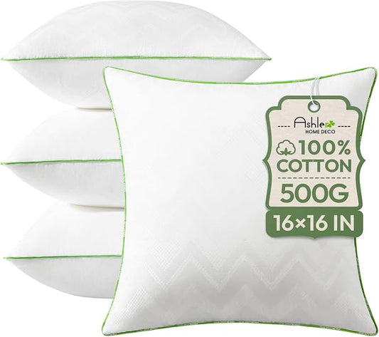 Ashler 16x16 Pillows Insert (Set of 4) - Throw Pillow Inserts with 100% Cotton Cover - 16 Inch Square Interior Sofa Stuffer Pillow Inserts -Decorative White Couch Pillow