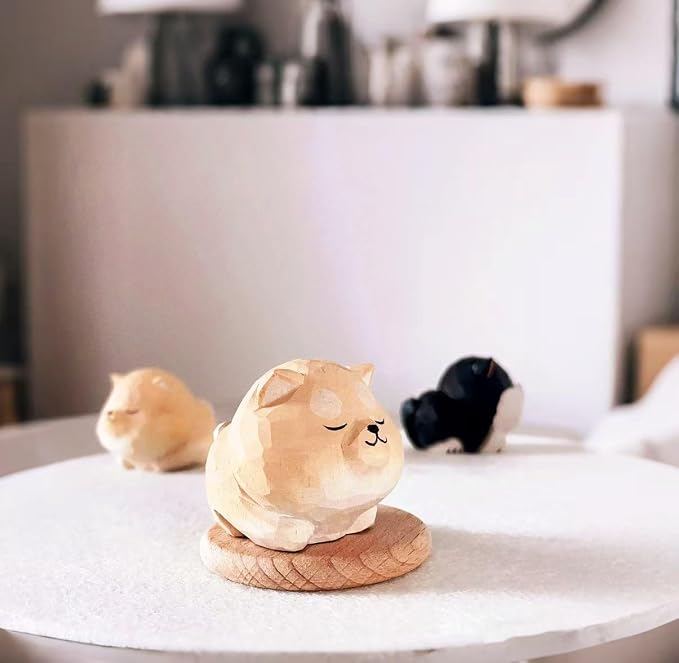 Hand Carved Red Shiba Inu Figurine with Round Wood Base – Cute Chubby Shiba Wooden Dog Statue, Handmade Desk Decor, Adorable Collectible Sculpture, Unique Gift for Dog Lovers & Pet Owners