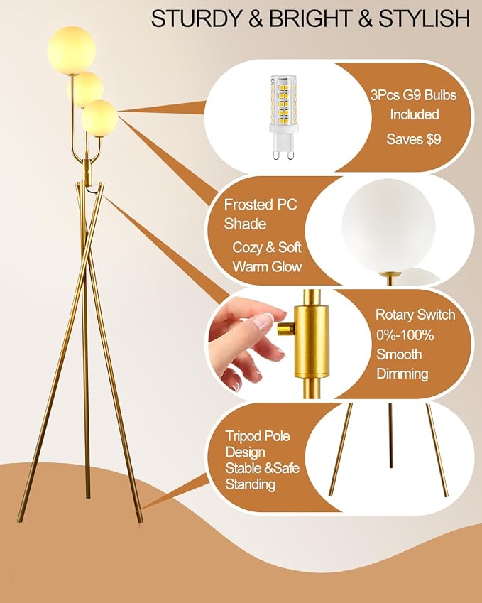Lightdot Gold Floor Lamp Dimmable Mid Century Tripod Floor Lamp with 3 Pole Lights with 3Pcs 3000K Bulbs Included Tripod Standing Lamps with Stable Base for Living Room/Sofa Beside/Corner Decor