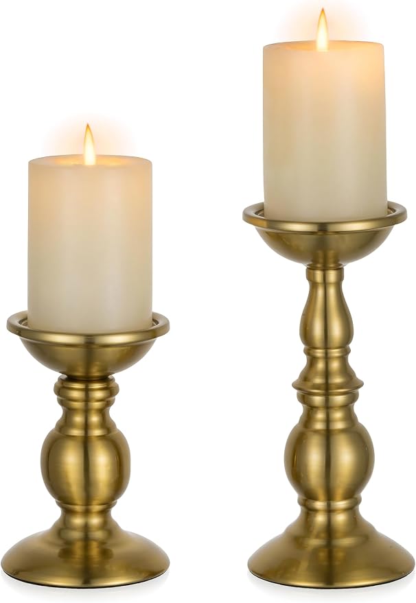 NUPTIO Gold Candle Holder for Table: Tall Brass Stand for 3" Pillars