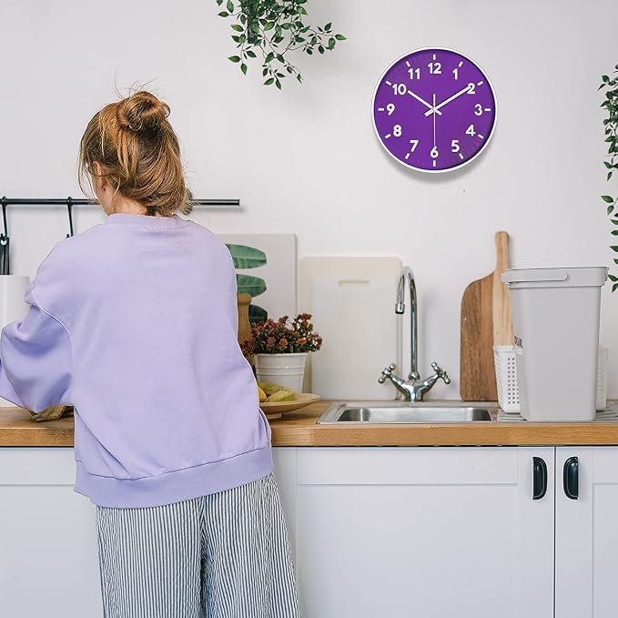 JENLYSTIME 12 Inch Modern Indoor Outdoor Clock,Round Bright Colorful Dial,Non Ticking Silent Quartz Battery Operated Wall Clocks,Easy to Read Simple Style Decor Clock for Bedroom,Kitchen(Purple)