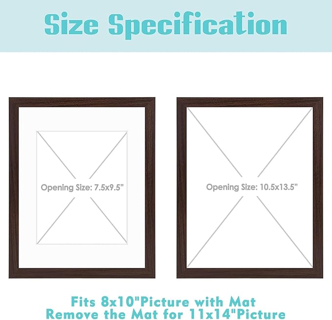 Frametory 8 Pack 11x14 Brown Picture Frame with Real Glass Mat for 8x10