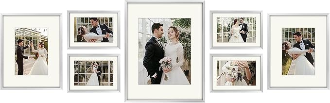 Golden State Art 7 Pack Aluminum Frames, Includes 5x7 8x10 11x13, Silver | Shatter-resistant Glass, Assorted Sizes: One 11x14, Two 8x10, Four 5x7, Horizontal/Vertical Wall Mount & Tabletop Display