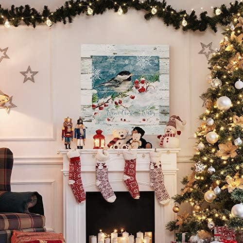 Renditions Gallery Christmas Abstract Wall Art Chickadee Bird Sitting in a White Snowed Cherry Tree Canvas Hanging Artwork Prints for Bedroom Office Home Kitchen - 32"X32" LT05