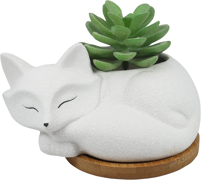 Gemseek Cute White Ceramic Fox Succulent Planter Pot with Drainage Tray