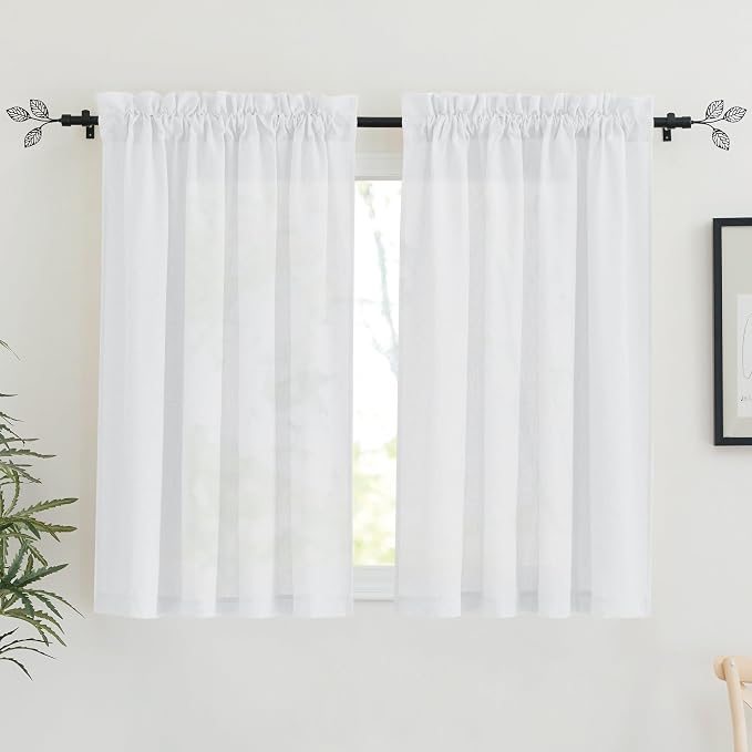 RYB HOME Linen Sheer Curtains 2 Panels for Living Room, Semi Transparent Privacy Drapes with Rod Pocket Farmhouse Style Window Treatments for Bedroom, White, 52" W x 45" L