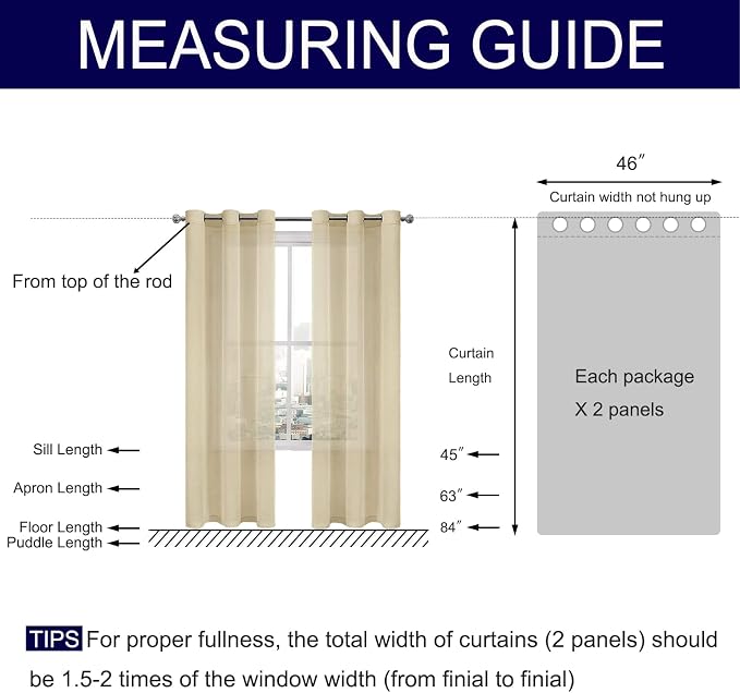 DWCN Beige Sheer Curtains, Short Faux Linen Voile Semi Sheer 54 Inches Long Grommet Top Window Curtain Drapes Treatment for Living Room Bedroom, Set of 2 Panels 46 x 54 Inches, Beige