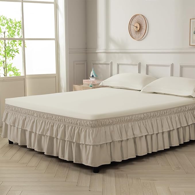 Double-Layered Ruffled Bed Skirt,Taupe,Full/Queen, 14" Drop | Wrap Around, Adjustable Elastic, 2 Layer, Machine Washable Soft Fabric, Multi Ruffle Bedskirt