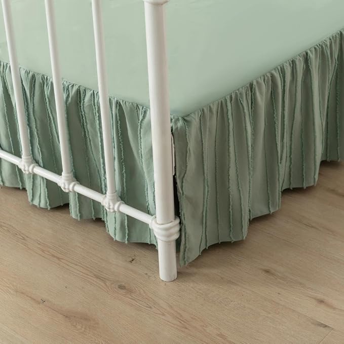 Bed Skirt Full Size - Ruffled Bed Skirt - with Split Corners - Sage Green | Striped Boho Tufted -18 Inch Drop Bedskirt with Platform-Soft Premium Hotel Quality - Easy Fit