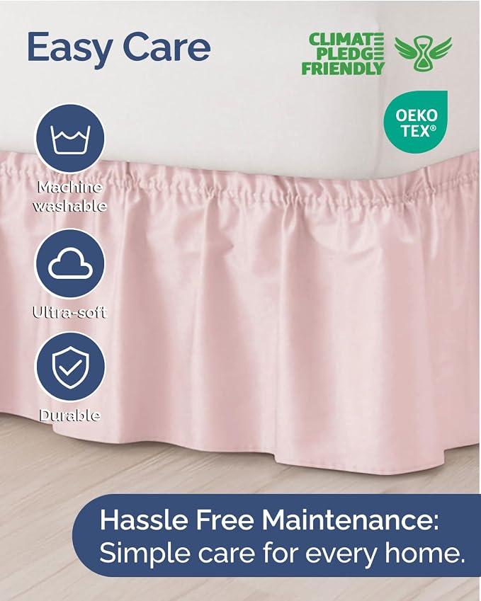 Wrap Around Dust Ruffle Bed Skirt, Queen Size - 12 Inch Drop, Lavender Pink | Easy Fit Elastic Strap, Adjustable Pleated Bedskirt w/Brushed Fabric, Wrinkle & Fade Free, for Women, Men, Kids & Teens