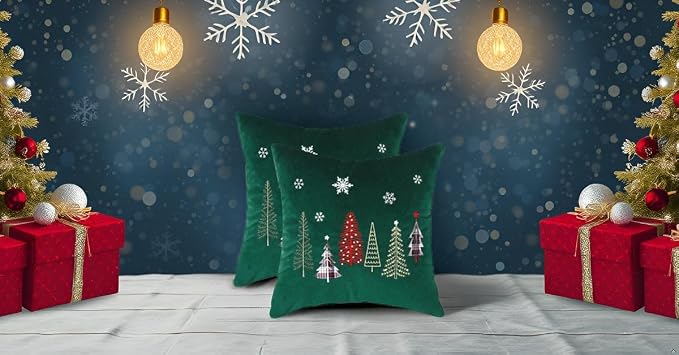 Christmas Embroidery Throw Pillow Covers 16x16 inch Set of 2 Xmas Dec Velvet Pillowcases Forest Green Christmas Tree Cushion Pillow Cases Soft Square Holiday Pillowcase