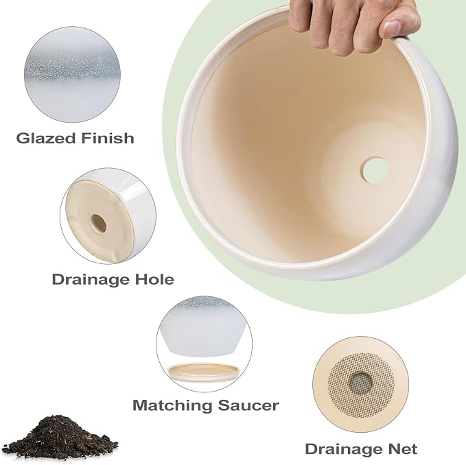 Ceramic Planter - 10 Inch Plant Pot with Drainage Hole and Plant Saucer, Round Decorative Large Flower Pots Indoor Outdoor, Home Patio Porch Room Decor, Birthday Gifts, White-Grey