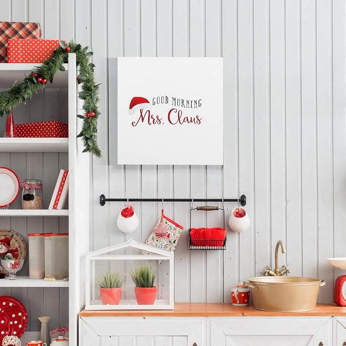 Renditions Gallery Canvas Wall Art for Christmas Decorations Good Morning Mrs. Santa Claus Hat Abstract Artwork for Living Room Home Kitchen Wall Decor - 16"X16" LT05