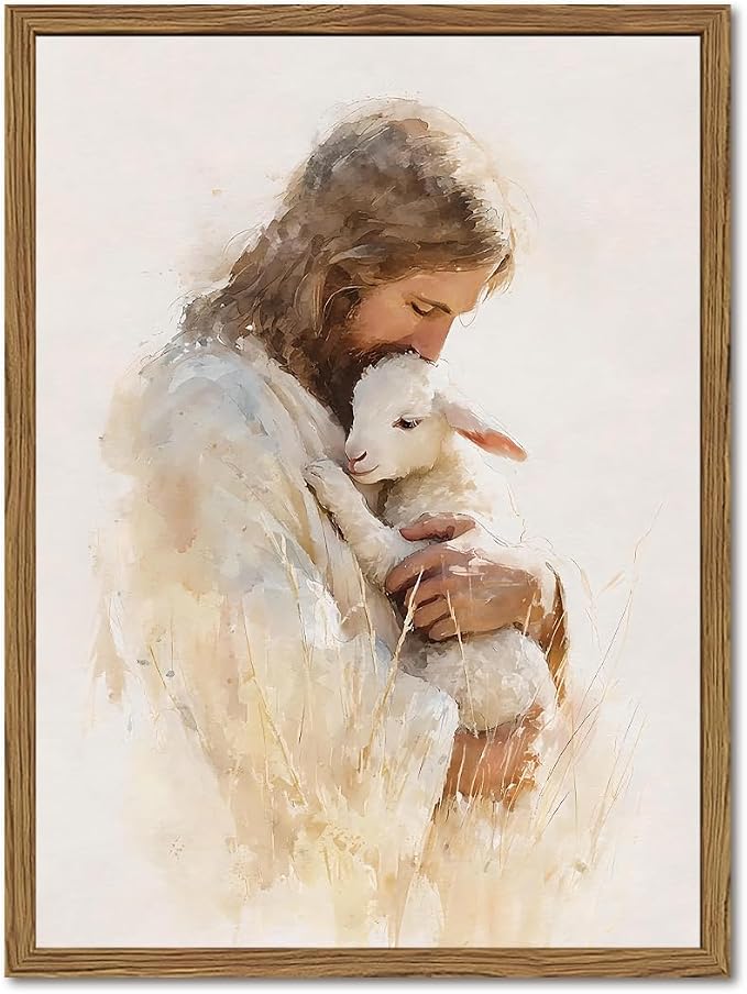 Jesus and Lamb Wall Art, Christian Good Shepherd Wall Decor Picture, Religious Faith Poster Painting Canvas Print for Living Dining Prayer Room Bedroom 16x24 inch Wood Framed