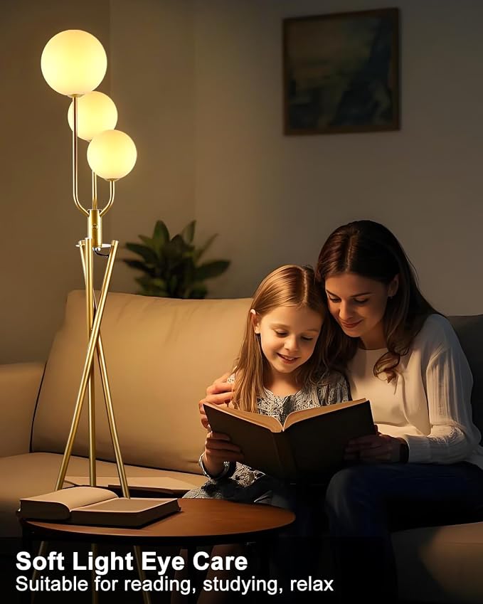 Lightdot Gold Floor Lamp Dimmable Mid Century Tripod Floor Lamp with 3 Pole Lights with 3Pcs 3000K Bulbs Included Tripod Standing Lamps with Stable Base for Living Room/Sofa Beside/Corner Decor