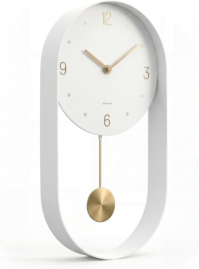 Driini Modern Pendulum Wall Clock – Small Vertical Design in White and Gold | Silent battery-operated timepiece, metal frame – 16 inches tall with an 8-inch face, a contemporary grandfather style.