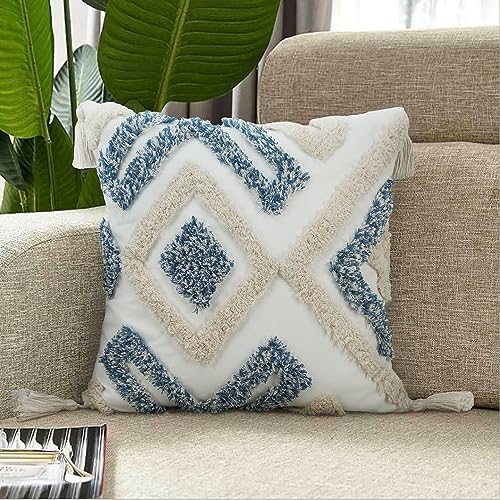Merrycolor Boho Throw Pillow Covers 20x20 Blue and White Decorative Pillow Covers with Tassels Soft Woven Tufted Pillow Case Neutral Accent Cushion Cover for Couch Sofa Bedroom,1PC