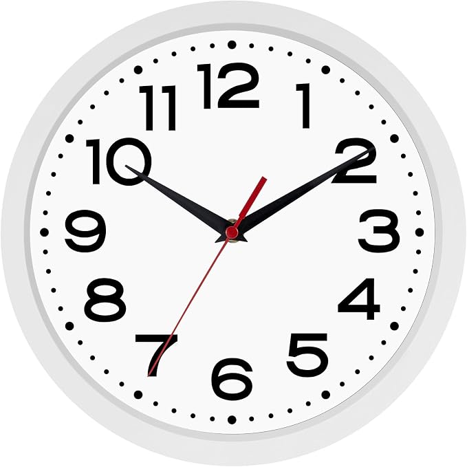 Roymnie 8 Inch Small Wall Clock, Battery Operated Silent Non Ticking White | analog wall clock; bold numerals for easy reading; silent non-ticking; 1 AA battery (not included); for classroom