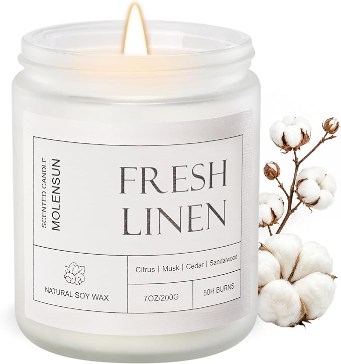 Molensun Fresh Linen Scented Candle, 7 oz Soy Wax Candle