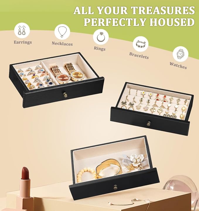 Jewelry Box Organizer, Rustic Wooden Jewelry Boxes for Women Girls, Large Storage Earring Holder Organizer Display for Earrings Necklaces Rings Bracelets (Black)