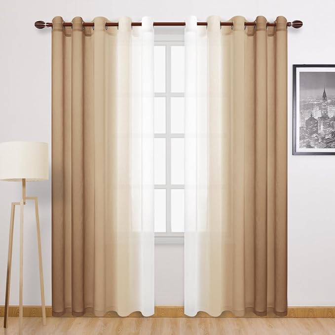 DWCN Ombre Faux Linen Sheer Curtains - Extra Wide Gradient Semi Voile Light Filtering Grommet Top Bedroom and Living Room Curtains, 60 x 84 Inches Long, Set of 2 Window Curtain Panels, Taupe