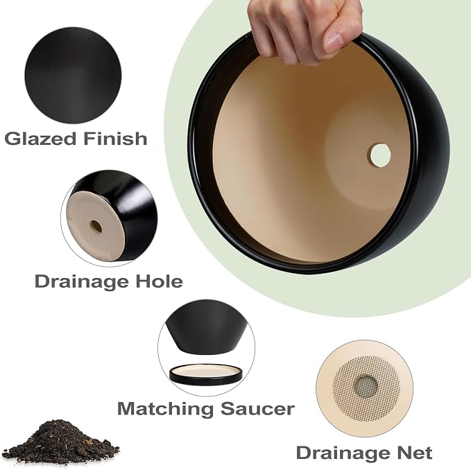 Ceramic Pots for Plants - 6.8 Inch Plant Pot with Drainage Hole and Saucer, Succulent Round Flower Planters for Indoor, Home Decor, Black