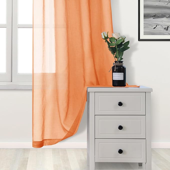 DWCN Sheer Curtains, Semi Sheer Grommet Window Curtains, Faux Linen Voile Sheer 90 Inches Curtains Drapes Treatment for Living Room Bedroom Set of 2 Panels 52 x 90 Inches Long, Sunset Orange