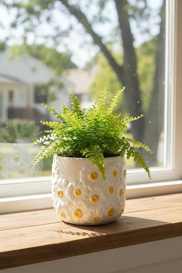 4.5 Inch Ceramic Planter Pot with Drainage Hole-Indoor Outdoor Flower Pot for Houseplants, Succulents & Flowers, Home Decor, Daisy Pattern