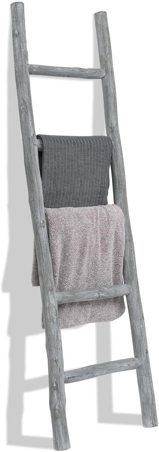 FUIN Blanket Ladder, 57in Wood Rustic Decorative Ladder, Light Gray | Fully Assembled, Farmhouse living room and bathroom accent, Layered blanket towel quilt display, Visible wood grain