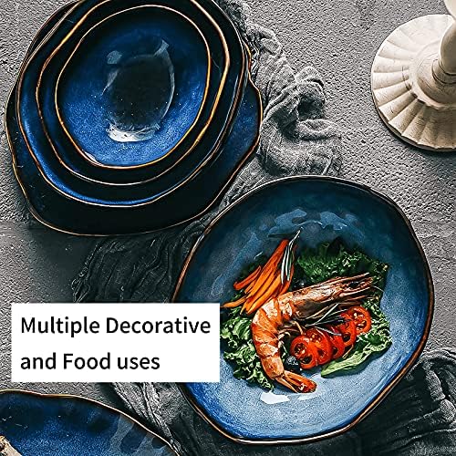 8 Inch Ceramic Decorative Bowl, Blue Reactive Glaze Centerpiece